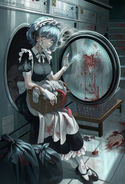 Anime picture 887x1300 with original paran single tall image looking at viewer fringe short hair hair between eyes sitting holding signed full body indoors aqua eyes aqua hair short sleeves maid puffy sleeves twitter username crossed legs