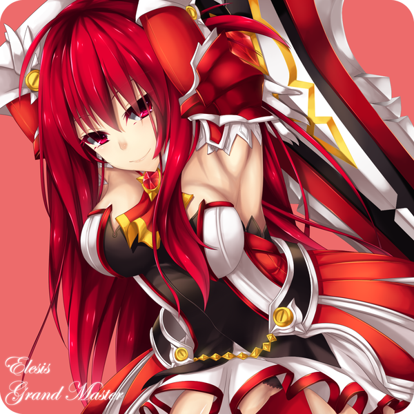 Anime picture 1500x1500 with elsword elesis (elsword) grand master (elsword) fi-san single long hair tall image looking at viewer breasts light erotic smile red eyes large breasts red hair armpit (armpits) pink background girl dress weapon detached sleeves