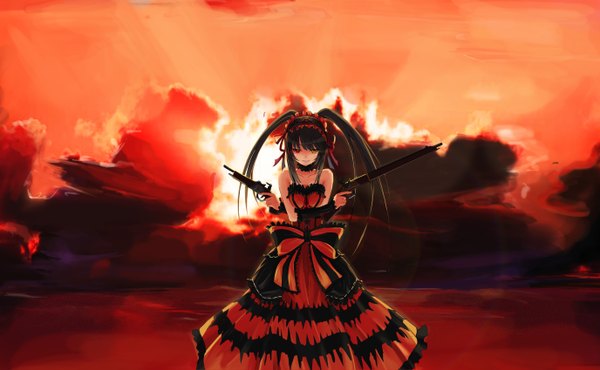 Anime picture 5500x3400 with date a live tokisaki kurumi zxhautumn single long hair looking at viewer highres black hair smile wide image twintails bare shoulders holding absurdres sky cloud (clouds) heterochromia evening sunset crossed arms