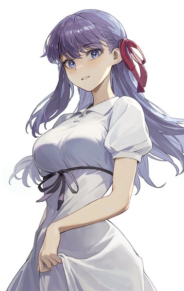 Anime picture 1800x2853 with fate (series) fate/stay night heaven's feel matou sakura cotta (heleif) single long hair tall image looking at viewer fringe highres simple background hair between eyes white background purple eyes purple hair puffy sleeves girl dress ribbon (ribbons)