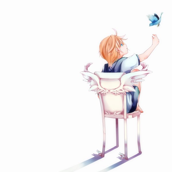 Anime picture 2000x2000 with vocaloid kagamine len maclo (makuro) single highres short hair blue eyes simple background blonde hair white background sitting profile barefoot from behind boy animal bird (birds) chair