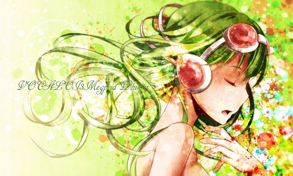 Anime picture 1500x900 with vocaloid gumi nou single long hair wide image eyes closed profile green hair copyright name girl headphones goggles