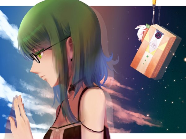 Anime picture 1024x768 with vocaloid gumi starcrown single short hair bare shoulders green eyes cloud (clouds) profile green hair girl glasses star (stars) vegetables bunny carrot