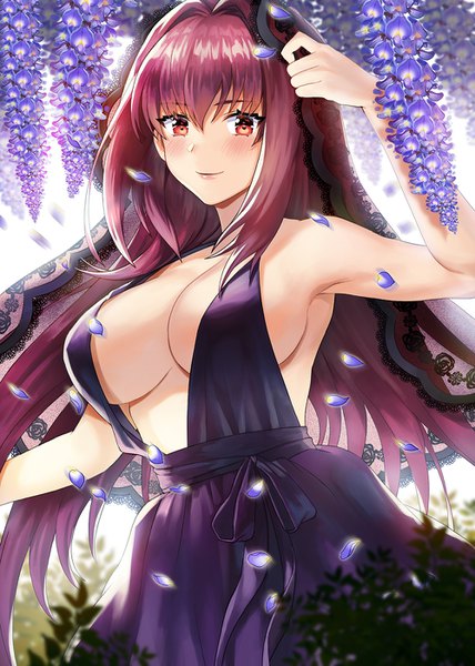 Anime picture 1000x1401 with fate (series) fate/grand order scathach (fate) (all) scathach (fate) noixen single long hair tall image looking at viewer blush fringe breasts light erotic smile hair between eyes red eyes large breasts standing bare shoulders cleavage