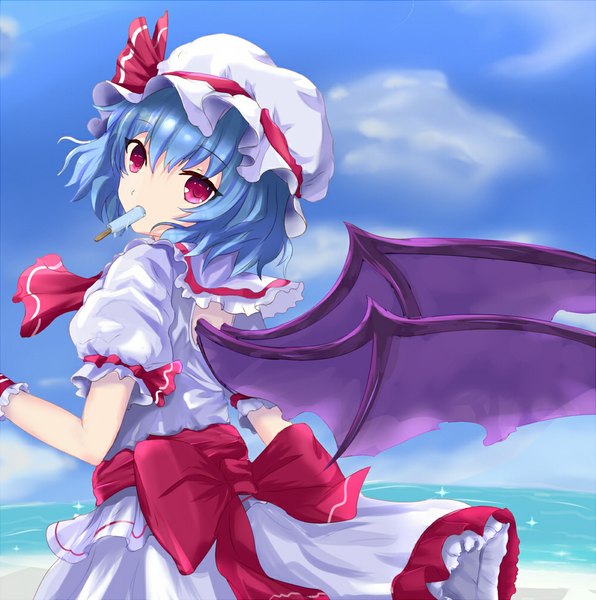 Anime picture 1000x1008 with touhou remilia scarlet white crow single tall image looking at viewer short hair red eyes blue hair sky cloud (clouds) girl dress bow wings food frills sweets bonnet ice cream