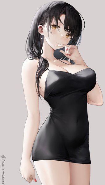 Anime picture 2268x4000 with original iori (cpeilad) single long hair tall image looking at viewer blush fringe highres breasts light erotic black hair simple background hair between eyes large breasts standing brown eyes signed cleavage nail polish