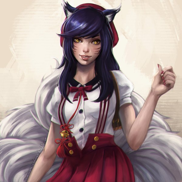 Anime picture 1200x1200 with league of legends ahri (league of legends) koyoriin single long hair looking at viewer signed animal ears yellow eyes purple hair upper body tail nail polish parted lips lips puffy sleeves facial mark fox girl slit pupils multiple tails