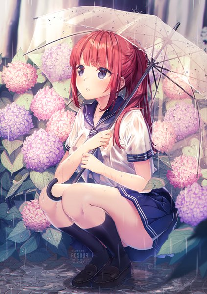Anime picture 900x1275 with original rosuuri single long hair tall image blush fringe breasts blue eyes light erotic holding signed payot full body outdoors ponytail red hair blunt bangs parted lips pleated skirt