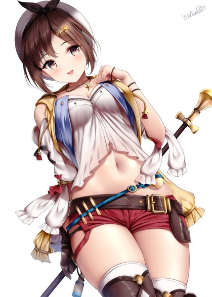 Anime picture 1143x1600 with atelier (series) atelier ryza gust (company) reisalin stout wsman single tall image looking at viewer blush fringe short hair breasts open mouth light erotic simple background smile hair between eyes brown hair large breasts standing