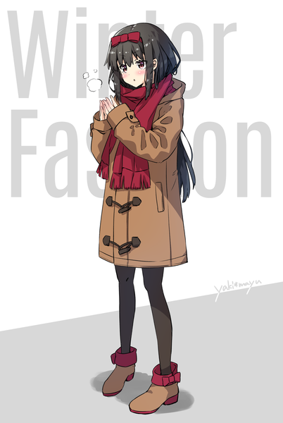 Anime picture 2173x3243 with original yaki mayu single long hair tall image blush highres black hair standing brown eyes signed looking away full body :o girl bow hair bow pantyhose black pantyhose scarf
