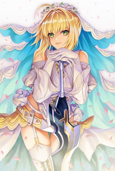 Anime picture 1010x1500 with fate (series) fate/grand order fate/extra fate/extra ccc nero claudius (fate) (all) nero claudius (fate) nero claudius (bride) (fate) pengnangehao single tall image blush fringe short hair light erotic blonde hair smile hair between eyes standing white background bare shoulders