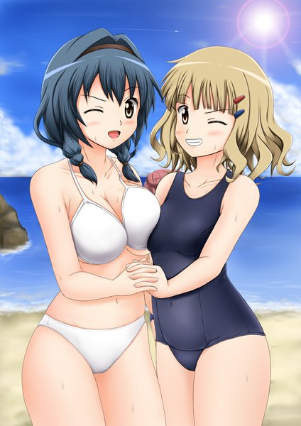 Anime picture 800x1131 with yuru yuri doga kobo oomuro sakurako furutani himawari fuuma nagi tall image looking at viewer blush short hair open mouth light erotic blonde hair multiple girls brown eyes blue hair cloud (clouds) one eye closed wink beach girl