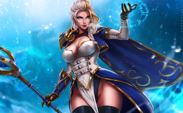 Anime picture 1400x871 with world of warcraft blizzard entertainment jaina proudmoore dandon fuga single long hair breasts blue eyes light erotic blonde hair wide image large breasts holding looking away silver hair braid (braids) multicolored hair lips realistic two-tone hair