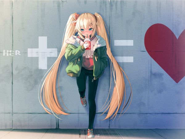 Anime picture 2000x1500 with virtual youtuber hololive akai haato magowasabi single blush fringe highres blue eyes blonde hair smile hair between eyes standing twintails holding payot looking away full body bent knee (knees) very long hair