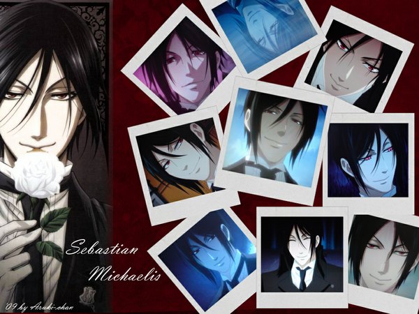 Anime picture 1024x768 with kuroshitsuji a-1 pictures sebastian michaelis looking at viewer short hair black hair smile red eyes eyes closed multiview butler boy necktie rose (roses) suit white rose photo (object) polaroid