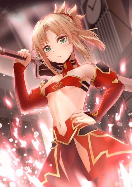 Anime picture 2066x2923 with fate (series) fate/grand order mordred (fate) takamiya nao single long hair tall image looking at viewer blush highres breasts light erotic blonde hair green eyes payot ponytail from below hand on hip underboob weapon over shoulder