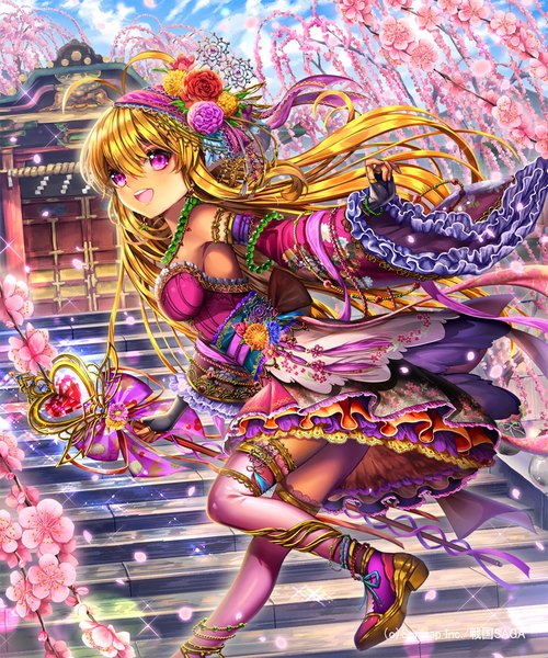 Anime picture 833x1000 with sengoku saga ells (ellsat) single long hair tall image looking at viewer blush fringe breasts open mouth blonde hair smile hair between eyes standing holding sky cloud (clouds) ahoge outdoors traditional clothes