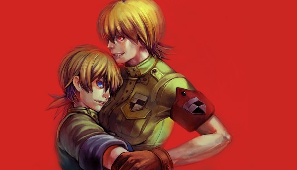 Anime picture 1200x690 with hellsing seras victoria mochimainosuke short hair blue eyes simple background blonde hair red eyes wide image grin red background dual persona vampire girl gloves uniform military uniform