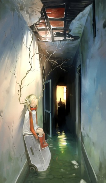 Anime picture 1157x2000 with original yuushoku single long hair tall image blonde hair smile sitting eyes closed girl plant (plants) water shoes headphones scarf suitcase