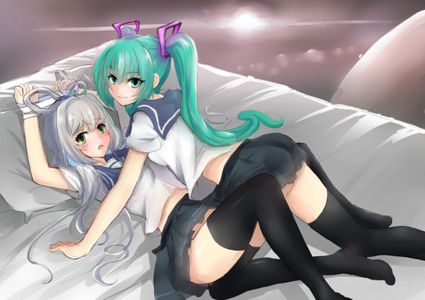 Anime picture 3507x2480 with vocaloid vocaloid china hatsune miku luo tianyi long hair looking at viewer blush highres open mouth light erotic smile twintails multiple girls green eyes absurdres silver hair green hair couple grin light