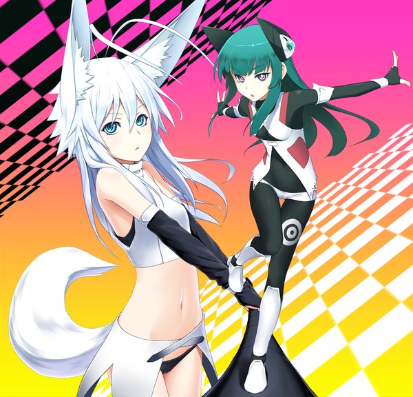 Anime picture 1500x1440 with original menou kaname mitsuha (kenntairui) kentairui long hair blue eyes purple eyes multiple girls animal ears white hair animal tail green hair midriff checkered background borrowed character girl gloves navel 2 girls elbow gloves