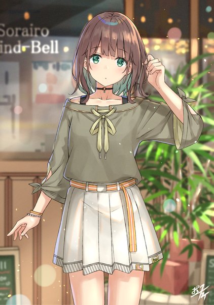 Anime picture 1020x1450 with original miko fly single tall image looking at viewer blush fringe short hair brown hair standing green eyes signed blunt bangs parted lips pleated skirt multicolored hair arm up blurry off shoulder inscription