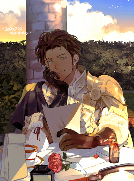 Anime picture 736x1000 with fire emblem fire emblem: three houses nintendo claude von riegan rschclg single tall image short hair smile brown hair sitting holding green eyes sky cloud (clouds) upper body looking down head rest boy gloves