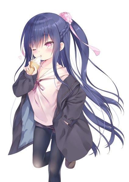 Anime picture 1680x2376 with original na-ga single long hair tall image simple background white background payot blue hair bent knee (knees) long sleeves one eye closed pink eyes off shoulder open jacket half updo hand in pocket licking legwear under shorts girl
