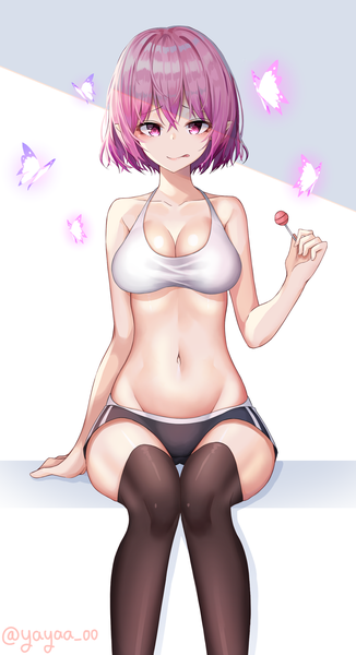 Anime picture 1435x2634 with maplestory lucid (maplestory) yaya (yayaa 00) single tall image looking at viewer blush fringe short hair breasts light erotic simple background hair between eyes large breasts bare shoulders holding signed pink hair cleavage pink eyes