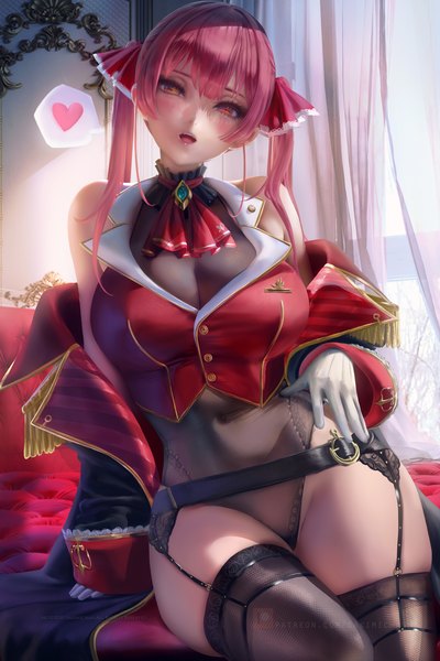Anime picture 2400x3600 with virtual youtuber hololive houshou marine houshou marine (1st costume) sakimichan single long hair tall image looking at viewer blush fringe highres breasts open mouth light erotic hair between eyes red eyes large breasts sitting twintails