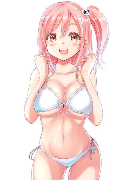 Anime picture 1191x1684 with dead or alive honoka (doa) tenzeru single long hair tall image looking at viewer blush fringe breasts open mouth light erotic simple background smile hair between eyes large breasts standing white background bare shoulders brown eyes