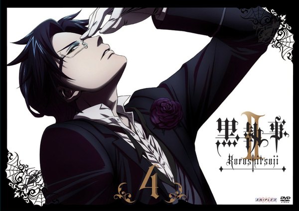 Anime picture 1500x1062 with kuroshitsuji a-1 pictures claude faustus single short hair black hair yellow eyes profile framed butler boy gloves flower (flowers) glasses rose (roses) costume