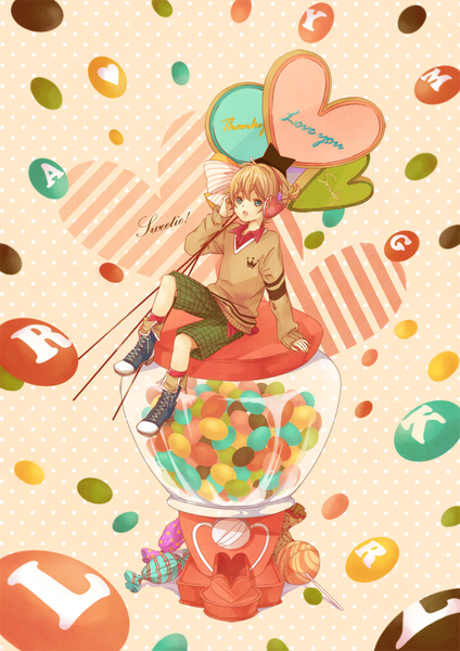 Anime picture 850x1202 with vocaloid kagamine len gemini (kokoma) single tall image short hair open mouth blue eyes blonde hair sitting looking up boy food shoes shorts sweets headphones sweater candy sneakers