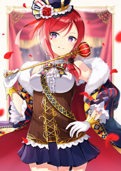 Anime picture 878x1239 with love live! school idol project sunrise (studio) love live! nishikino maki nonono (nononotea) single long hair tall image looking at viewer standing purple eyes red hair hand on hip low ponytail framed underbust girl gloves petals frills