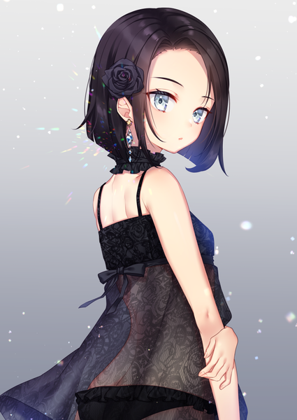Anime picture 708x1000 with original moyui (myi 005) single tall image looking at viewer blush fringe short hair breasts open mouth light erotic black hair simple background standing payot looking back hair flower grey background silver eyes holding arm
