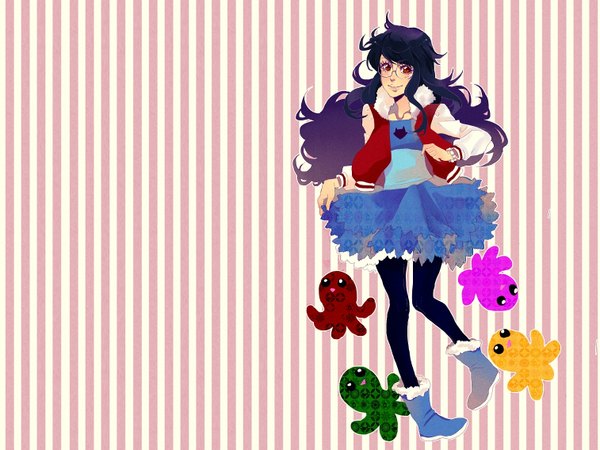 Anime picture 1513x1135 with homestuck jade harley mookie000 single long hair simple background smile red eyes purple hair multicolored hair two-tone hair striped striped background girl dress pantyhose glasses octopus