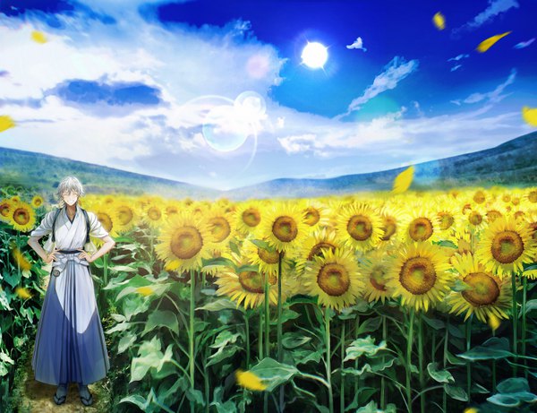 Anime picture 3185x2450 with touken ranbu nitroplus tsurumaru kuninaga abandon ranka single long hair highres smile standing absurdres sky silver hair cloud (clouds) full body eyes closed traditional clothes japanese clothes ^ ^ hands on hips boy