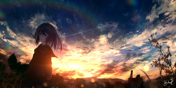 Anime picture 2500x1250 with original kumeki (kk4615) single looking at viewer blush fringe highres short hair open mouth black hair hair between eyes wide image standing signed sky cloud (clouds) outdoors black eyes lens flare evening