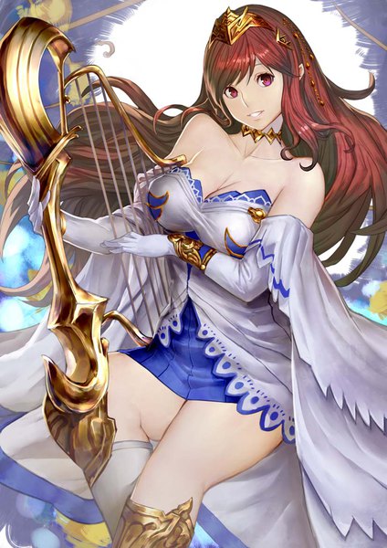 Anime picture 827x1169 with shingeki no bahamut granblue fantasy henriette (shingeki no bahamut) shimashima (simasima 23) single long hair tall image looking at viewer light erotic red eyes bare shoulders cleavage red hair playing instrument girl tiara musical instrument harp