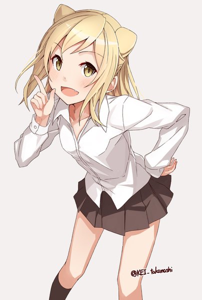 Anime picture 1000x1484 with demi-chan wa kataritai a-1 pictures takanashi hikari takanashi kei (hitsujikan) single tall image blush fringe short hair open mouth blonde hair yellow eyes pleated skirt arm up fang (fangs) leaning leaning forward hand on hip girl skirt