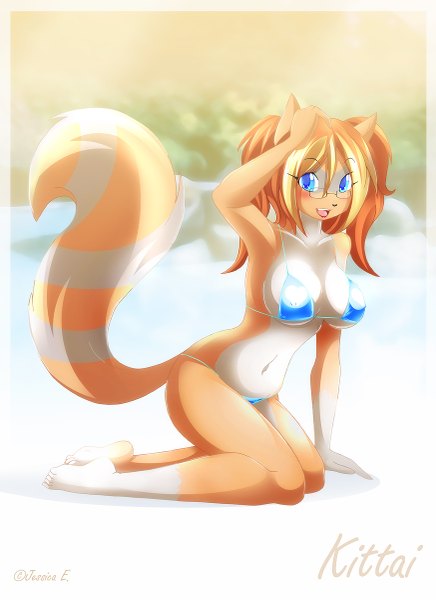 Anime picture 873x1200 with jessicaelwood (artist) single long hair tall image blush breasts blue eyes light erotic smile large breasts animal ears tail animal tail orange hair monster girl girl navel swimsuit bikini glasses