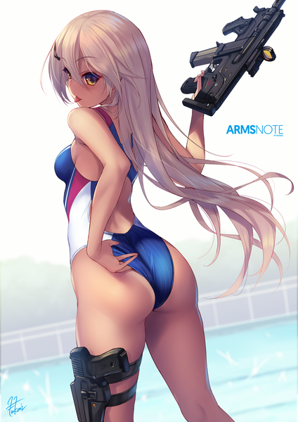 Anime picture 870x1230 with arms note kouhai (fukai ryousuke) fukai ryosuke single long hair tall image fringe light erotic hair between eyes standing holding signed yellow eyes silver hair ass wind from behind copyright name adjusting swimsuit girl