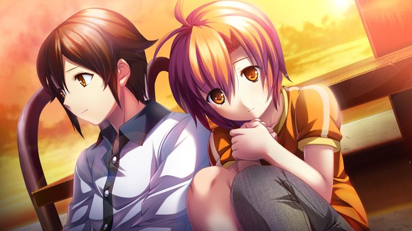 Аниме картинка 1280x720 с izuna zanshinken (game) короткие волосы каштановые волосы широкое изображение game cg оранжевые волосы оранжевые глаза пара девушка мужчина
