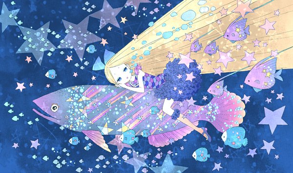 Anime picture 1123x663 with original coishi (artist) blue eyes blonde hair wide image very long hair underwater girl dress water star (symbol) jewelry bubble (bubbles) fish (fishes)