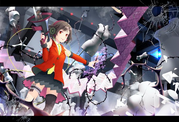 Anime picture 1920x1312 with original yoshino ryou single looking at viewer highres short hair black hair red eyes destruction girl thighhighs skirt black thighhighs detached sleeves necktie headphones thorns megaphone