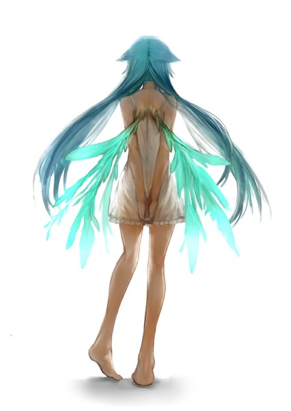 Anime picture 800x1131 with saya no uta nitroplus saya (saya no uta) charimei single long hair tall image simple background white background bare shoulders barefoot from behind aqua hair hands behind back girl dress wings sundress