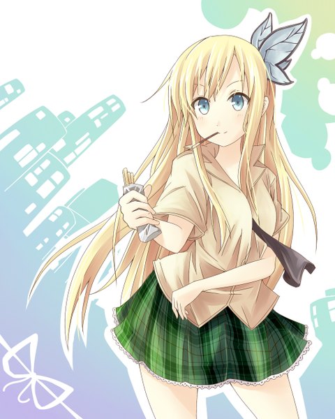 Anime picture 1024x1280 with boku wa tomodachi ga sukunai kashiwazaki sena single tall image looking at viewer fringe short hair blonde hair aqua eyes open clothes open shirt mouth hold happy girl uniform hair ornament school uniform shirt butterfly hair ornament cigarette