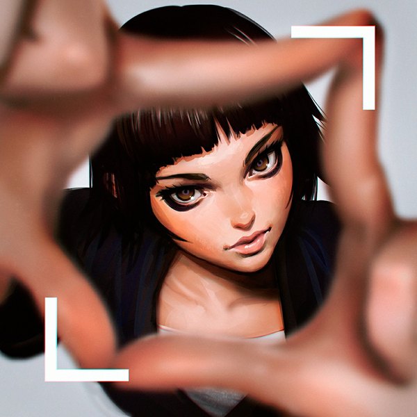 Anime picture 1080x1080 with original ilya kuvshinov single looking at viewer fringe short hair simple background brown hair brown eyes head tilt from above lips realistic grey background shadow portrait close-up eyeshadow makeup girl