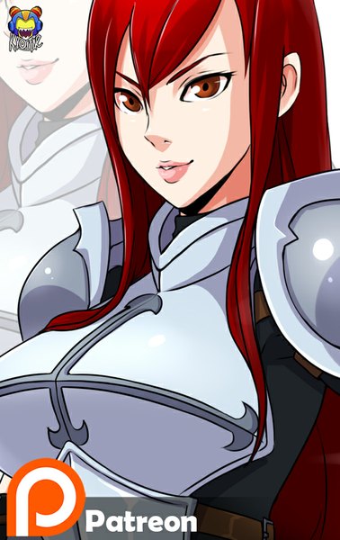 Anime picture 567x900 with fairy tail erza scarlet kyoffie12 single long hair tall image fringe brown eyes red hair lips girl armor spaulder (spaulders) breastplate