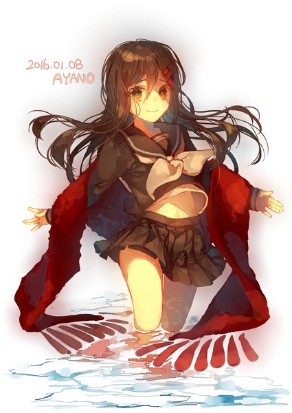 Anime picture 2149x3035 with kagerou project shaft (studio) tateyama ayano tears namida single long hair tall image looking at viewer fringe highres black hair simple background smile hair between eyes white background yellow eyes long sleeves bare belly character names partially submerged
